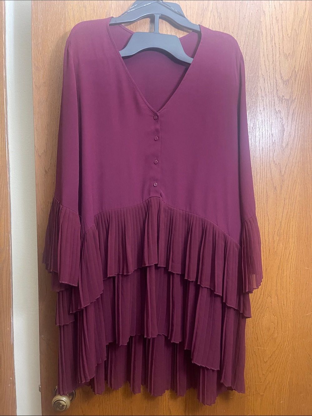 Zara Burgundy Tiered Ruffle V-Neck Mini Dress